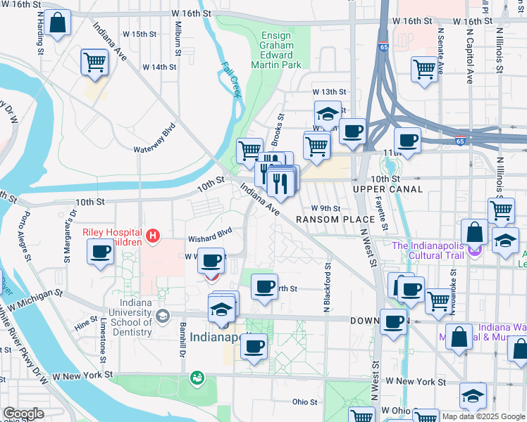 map of restaurants, bars, coffee shops, grocery stores, and more near 960 University Boulevard in Indianapolis