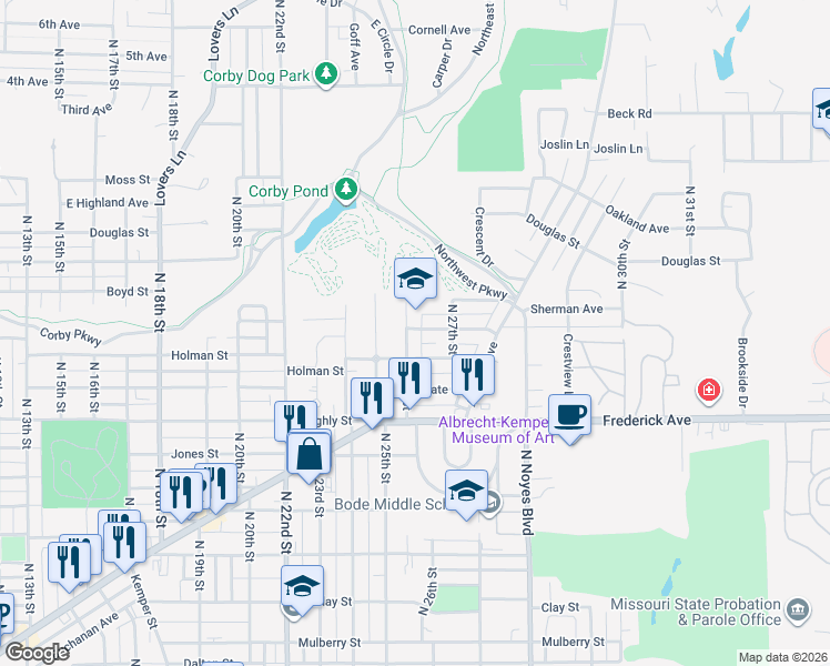 map of restaurants, bars, coffee shops, grocery stores, and more near 2601 Delaware Street in Saint Joseph
