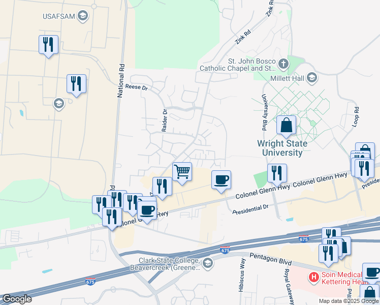 map of restaurants, bars, coffee shops, grocery stores, and more near 1481 Sanzon Drive in Fairborn