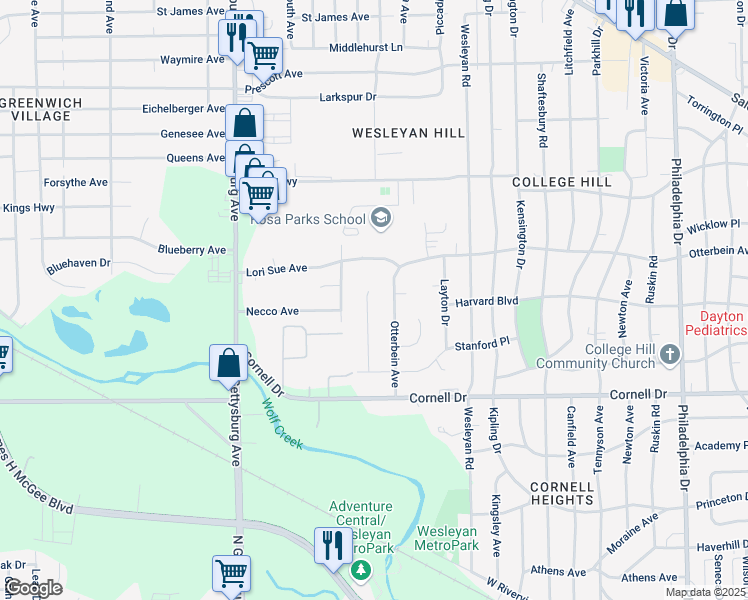 map of restaurants, bars, coffee shops, grocery stores, and more near 1734 Harold Drive in Dayton