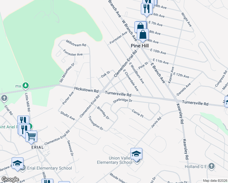 map of restaurants, bars, coffee shops, grocery stores, and more near 1419 Pine Street in Pine Hill