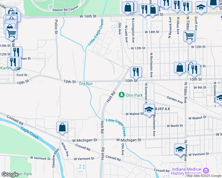 map of restaurants, bars, coffee shops, grocery stores, and more near 3971 West 10th Street in Indianapolis