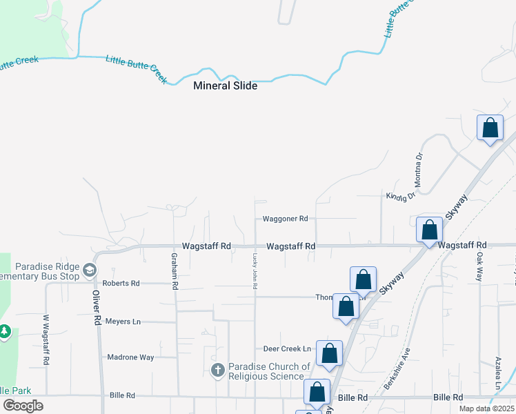 map of restaurants, bars, coffee shops, grocery stores, and more near 6546 Lucky John Road in Paradise