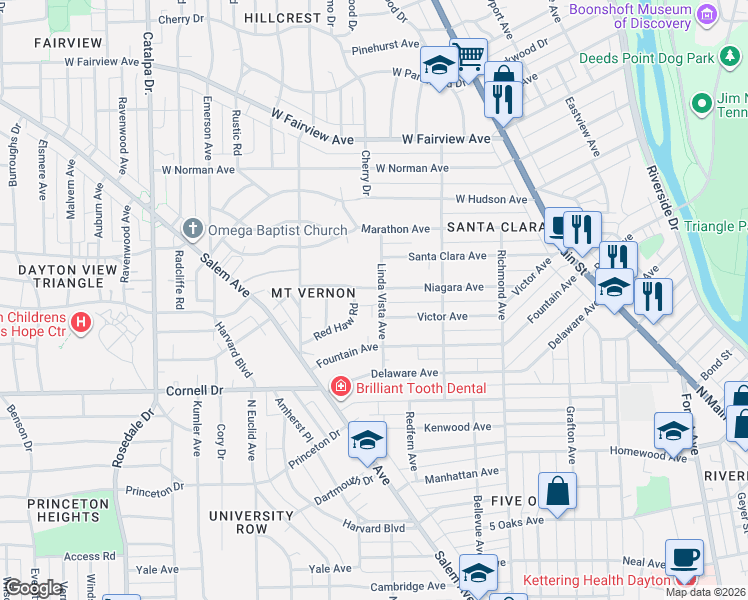 map of restaurants, bars, coffee shops, grocery stores, and more near 1201 Linda Vista Avenue in Dayton