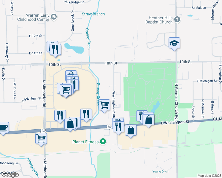 map of restaurants, bars, coffee shops, grocery stores, and more near 603 Washington Pointe Drive in Indianapolis