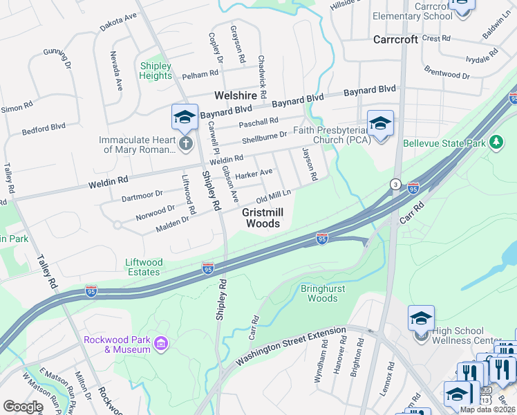 map of restaurants, bars, coffee shops, grocery stores, and more near 900 Butler Avenue in Wilmington
