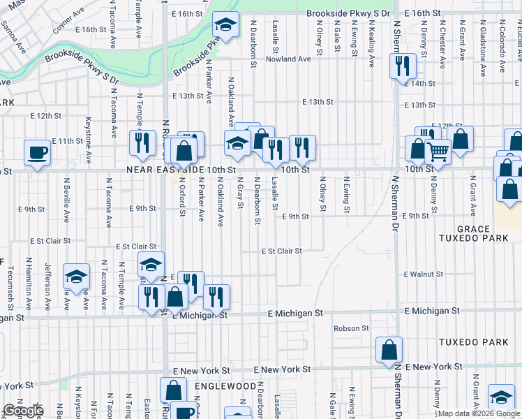 map of restaurants, bars, coffee shops, grocery stores, and more near 911 North Dearborn Street in Indianapolis