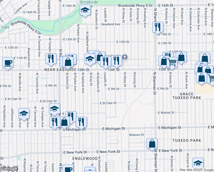 map of restaurants, bars, coffee shops, grocery stores, and more near 921 North Lasalle Street in Indianapolis
