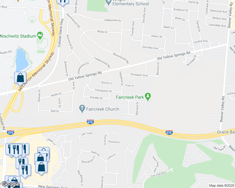 map of restaurants, bars, coffee shops, grocery stores, and more near 330 Thompson Drive in Fairborn