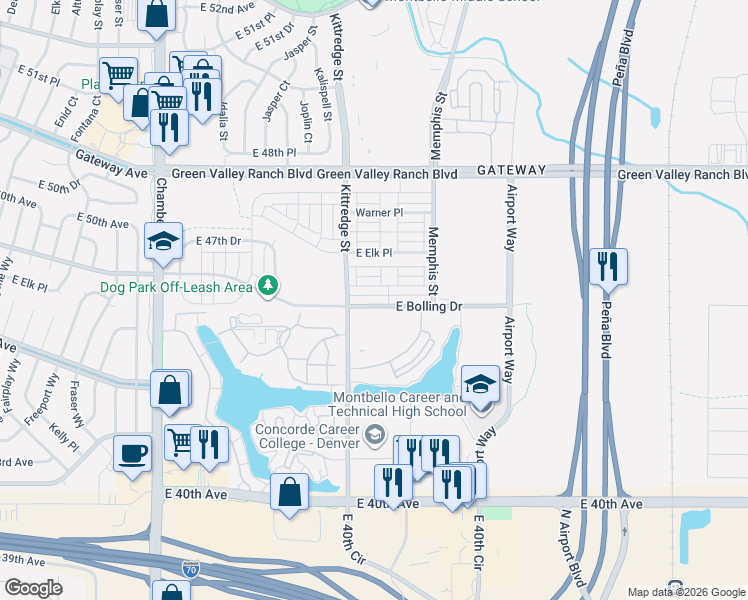 map of restaurants, bars, coffee shops, grocery stores, and more near 16061 East 47th Place in Denver