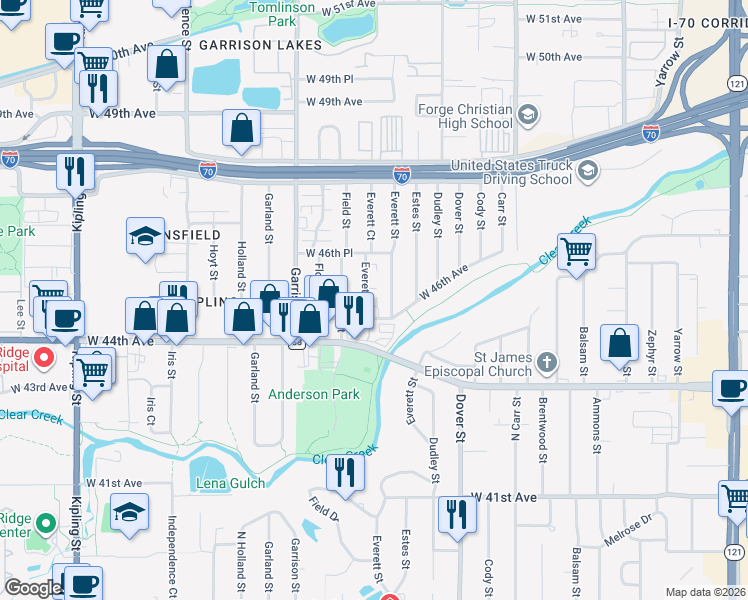 map of restaurants, bars, coffee shops, grocery stores, and more near 4559 Everett Court in Wheat Ridge