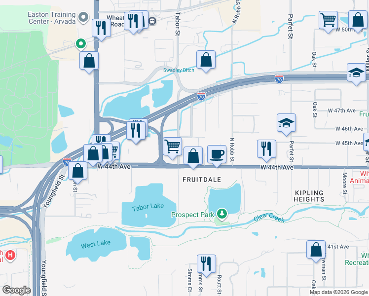 map of restaurants, bars, coffee shops, grocery stores, and more near 11780 West 46th Avenue in Wheat Ridge