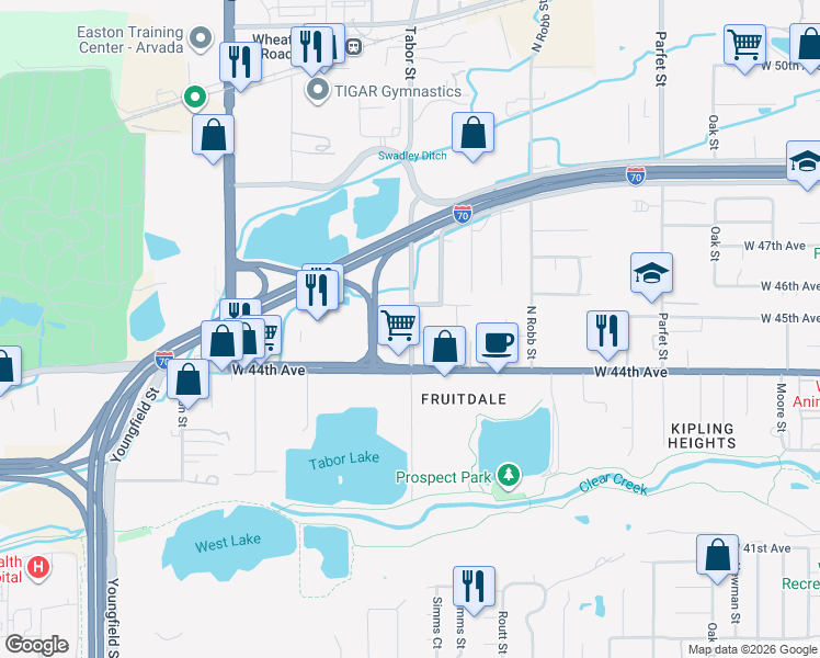 map of restaurants, bars, coffee shops, grocery stores, and more near 11780 West 46th Avenue in Wheat Ridge