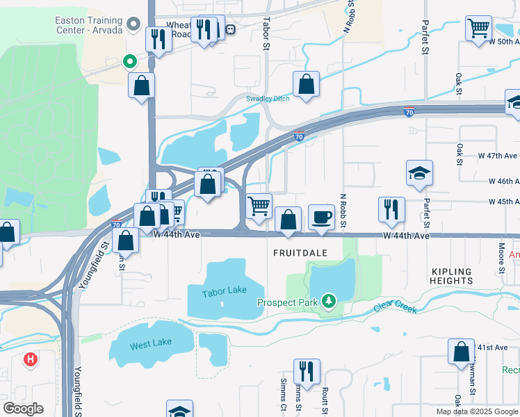 map of restaurants, bars, coffee shops, grocery stores, and more near West 44th Avenue in Wheat Ridge