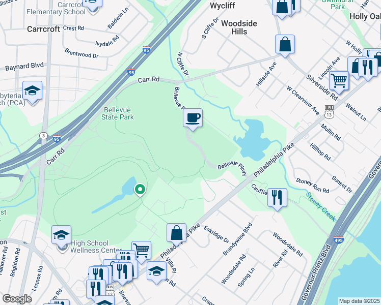 map of restaurants, bars, coffee shops, grocery stores, and more near 103-201 Bellevue Pkwy in Wilmington