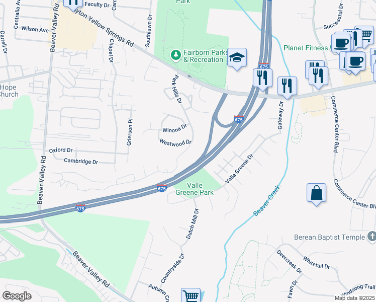 map of restaurants, bars, coffee shops, grocery stores, and more near 2230 Park Hills Drive in Fairborn