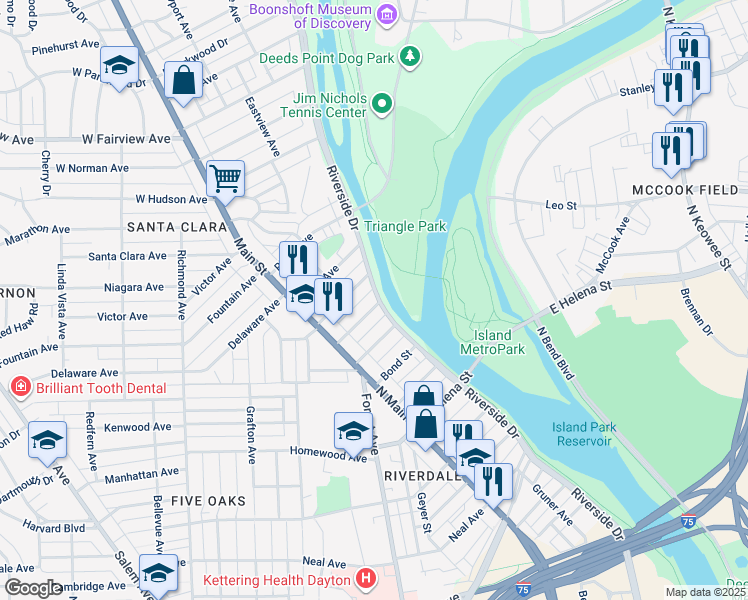 map of restaurants, bars, coffee shops, grocery stores, and more near 84 East Burton Avenue in Dayton