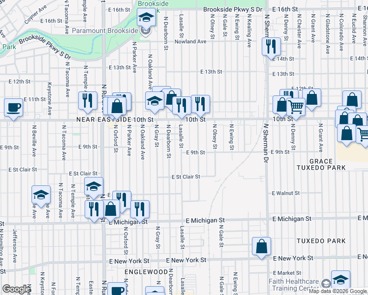 map of restaurants, bars, coffee shops, grocery stores, and more near 921 North Lasalle Street in Indianapolis