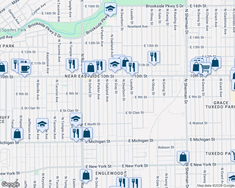 map of restaurants, bars, coffee shops, grocery stores, and more near 938 North Gray Street in Indianapolis