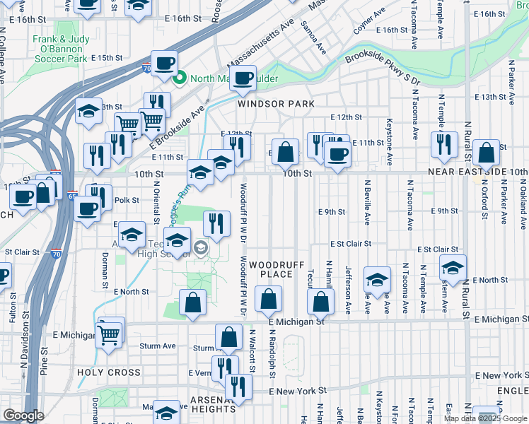 map of restaurants, bars, coffee shops, grocery stores, and more near 901 Woodruff Place Middle Drive in Indianapolis