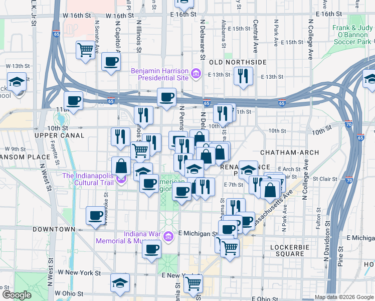 map of restaurants, bars, coffee shops, grocery stores, and more near 21 East Street Joseph Street in Indianapolis