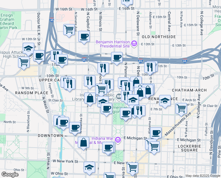 map of restaurants, bars, coffee shops, grocery stores, and more near 12 Pierson Street in Indianapolis