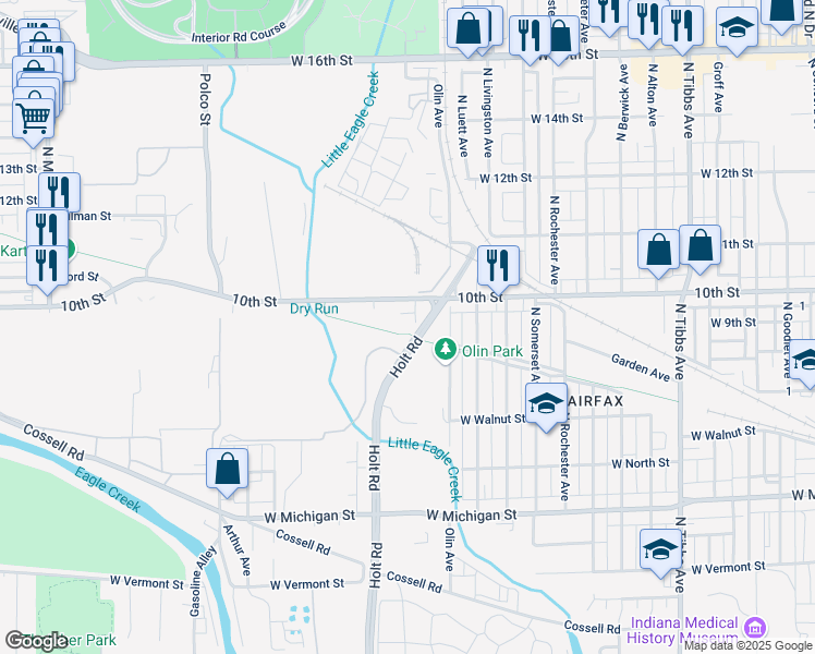 map of restaurants, bars, coffee shops, grocery stores, and more near 3971 West 10th Street in Indianapolis