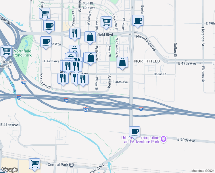 map of restaurants, bars, coffee shops, grocery stores, and more near 4523 Xenia Street in Denver