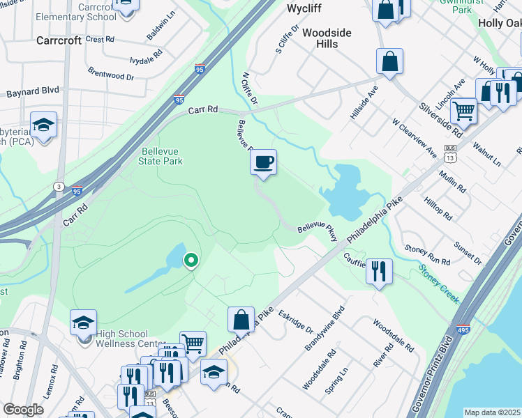 map of restaurants, bars, coffee shops, grocery stores, and more near 200 Bellevue Parkway in Wilmington