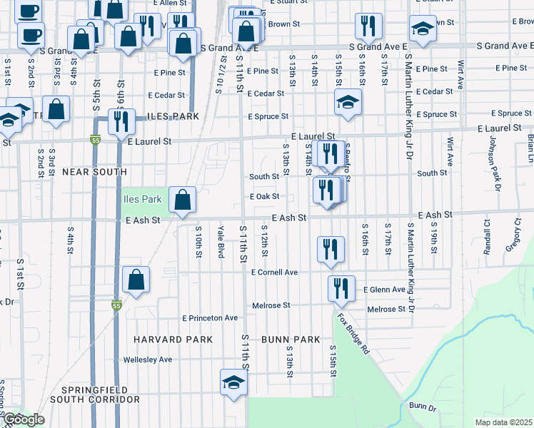 map of restaurants, bars, coffee shops, grocery stores, and more near 1201 East Ash Street in Springfield