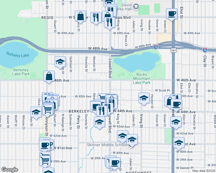 map of restaurants, bars, coffee shops, grocery stores, and more near 4561 Lowell Boulevard in Denver