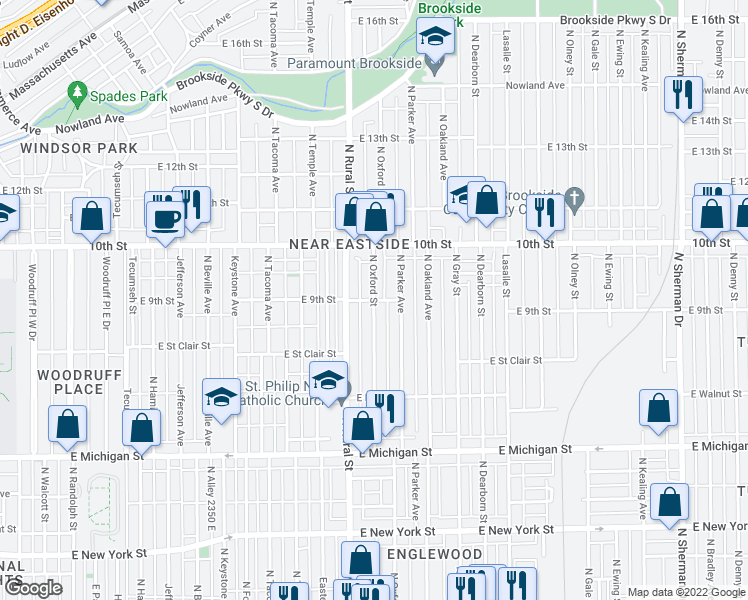 map of restaurants, bars, coffee shops, grocery stores, and more near North Oxford Street in Indianapolis