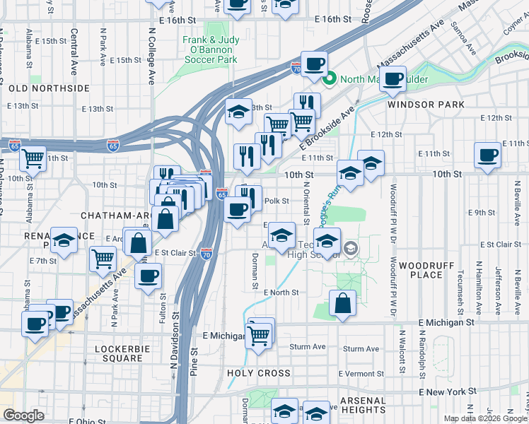 map of restaurants, bars, coffee shops, grocery stores, and more near 921 Stillwell Street in Indianapolis