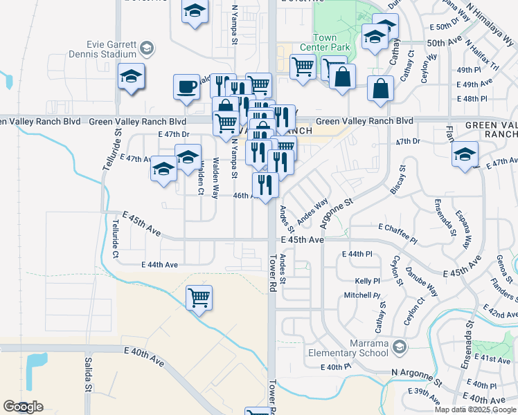 map of restaurants, bars, coffee shops, grocery stores, and more near 18498 East 45th Place in Denver