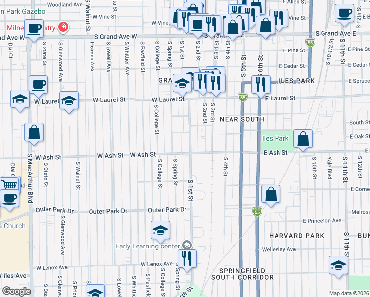 map of restaurants, bars, coffee shops, grocery stores, and more near 1917 South 1st Street in Springfield