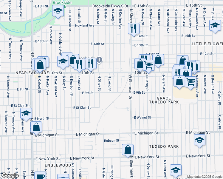 map of restaurants, bars, coffee shops, grocery stores, and more near 911 North Ewing Street in Indianapolis