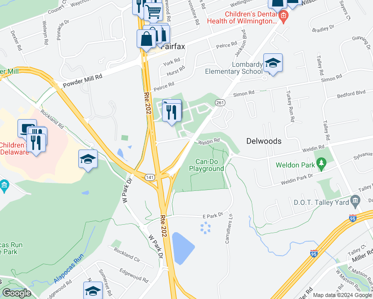 map of restaurants, bars, coffee shops, grocery stores, and more near 105 Foulk Road in Wilmington