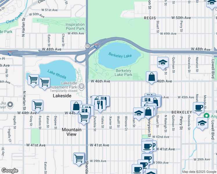 map of restaurants, bars, coffee shops, grocery stores, and more near 4565 Xavier Street in Denver