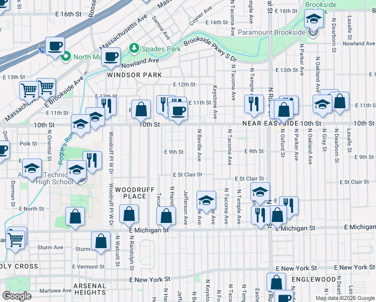 map of restaurants, bars, coffee shops, grocery stores, and more near 918 Jefferson Avenue in Indianapolis