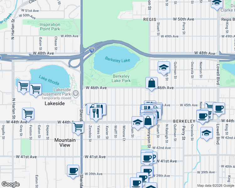 map of restaurants, bars, coffee shops, grocery stores, and more near 4730 West 46th Avenue in Denver