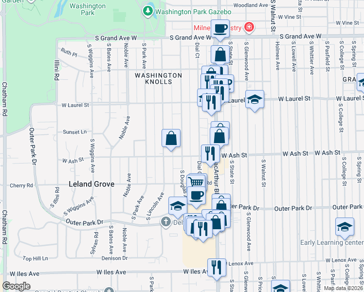 map of restaurants, bars, coffee shops, grocery stores, and more near 1905 South Douglas Avenue in Springfield
