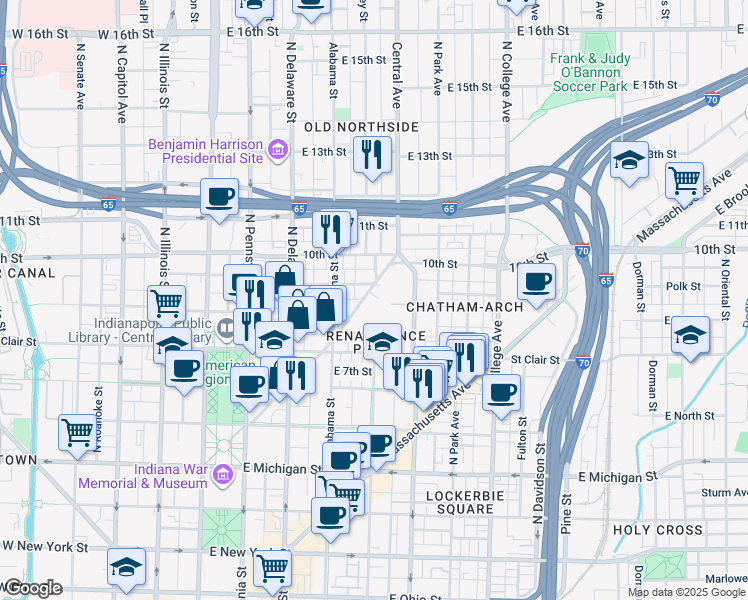 map of restaurants, bars, coffee shops, grocery stores, and more near 921 Fort Wayne Avenue in Indianapolis