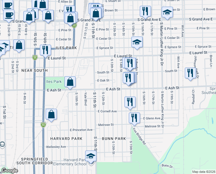 map of restaurants, bars, coffee shops, grocery stores, and more near 1228 East Oak Street in Springfield