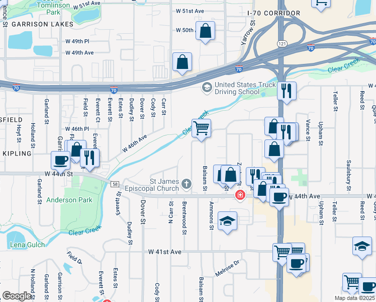 map of restaurants, bars, coffee shops, grocery stores, and more near 4599 Carr Street in Wheat Ridge