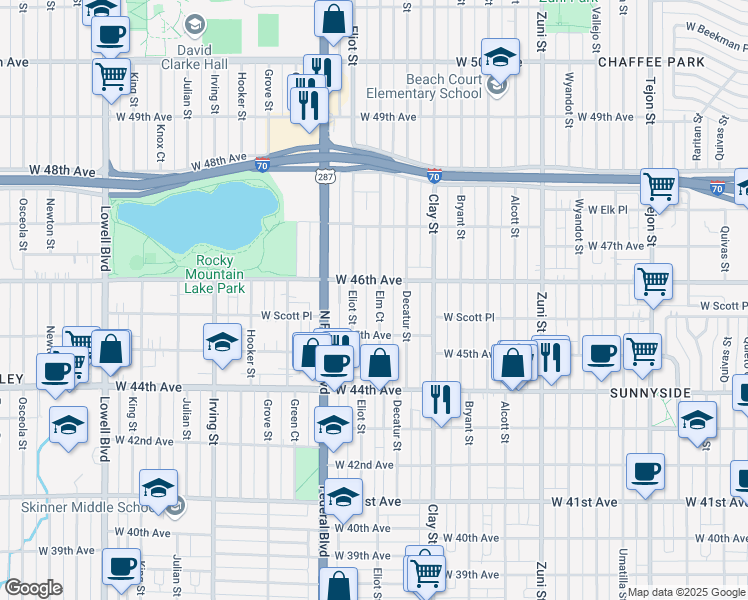 map of restaurants, bars, coffee shops, grocery stores, and more near 4565 Elm Court in Denver