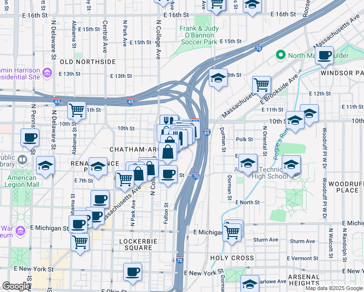 map of restaurants, bars, coffee shops, grocery stores, and more near 902 Massachusetts Avenue in Indianapolis