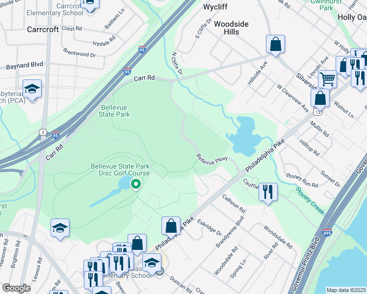 map of restaurants, bars, coffee shops, grocery stores, and more near 200 Bellevue Parkway in Wilmington