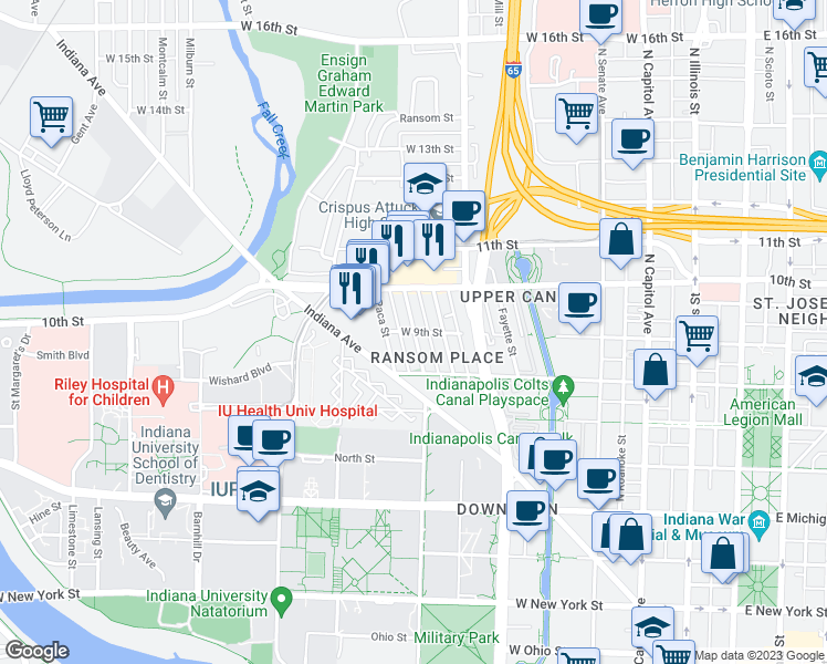 map of restaurants, bars, coffee shops, grocery stores, and more near Camp Street in Indianapolis