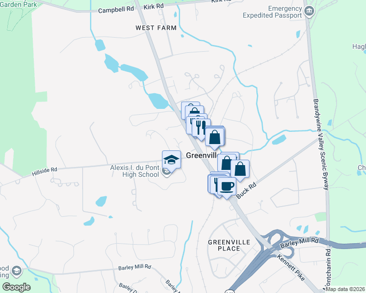 map of restaurants, bars, coffee shops, grocery stores, and more near 3 Squirrel Run in Wilmington