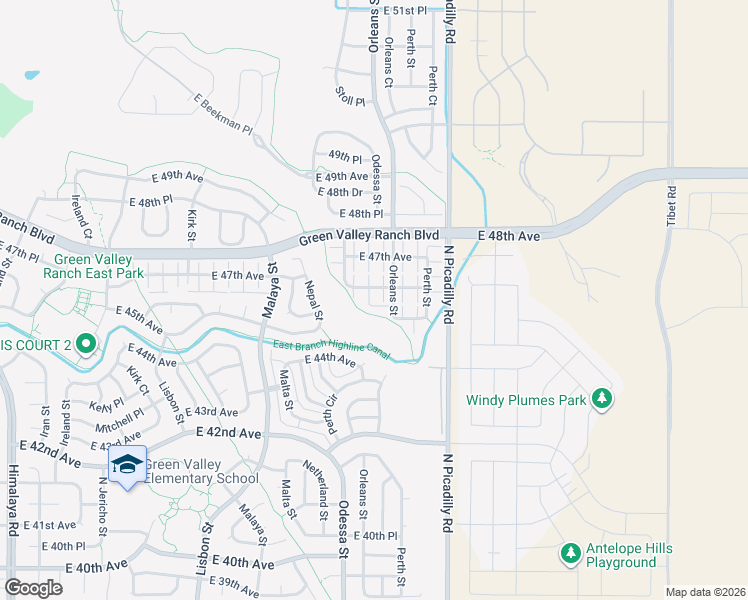 map of restaurants, bars, coffee shops, grocery stores, and more near 21493 East 46th Avenue in Denver